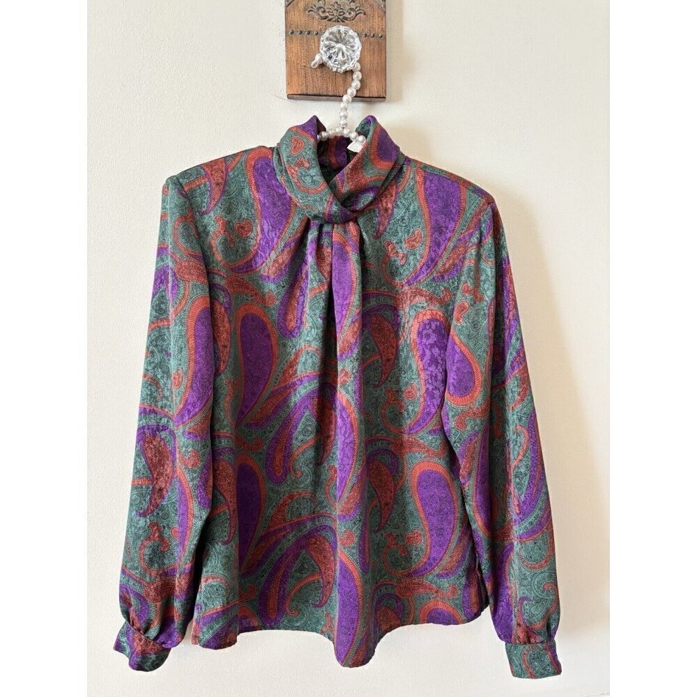 Vintage Notations Womens Size 12 Purple Green Paisley Blouse Satiny Long Sleeve